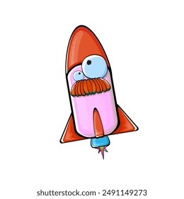 Rocket spaceship character. Cartoon space rocket isolated on transparent background. Funky spaceship and shuttle character with eyes and mouth. Vector retro space ship clip art, emoji, label and stick