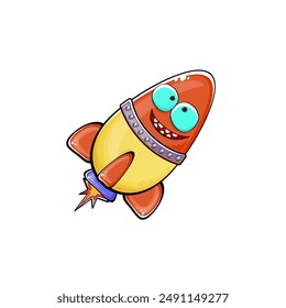 Carácter de nave espacial cohete. Cohete espacial de dibujos animados aislado sobre fondo transparente. Funky nave espacial y el carácter del transbordador con los ojos y la boca. Vector retro nave espacial arte de Clip, emoji, etiqueta y palo