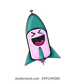 Rocket spaceship character. Cartoon space rocket isolated on transparent background. Funky spaceship and shuttle character with eyes and mouth. Vector retro space ship clip art, emoji, label and stick