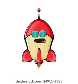 Carácter de nave espacial cohete. Cohete espacial de dibujos animados aislado sobre fondo transparente. Funky nave espacial y el carácter del transbordador con los ojos y la boca. Vector retro nave espacial arte de Clip, emoji, etiqueta y palo