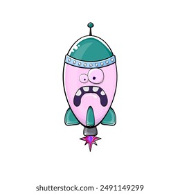 Rocket spaceship character. Cartoon space rocket isolated on transparent background. Funky spaceship and shuttle character with eyes and mouth. Vector retro space ship clip art, emoji, label and stick