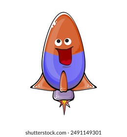 Raketen-Raumschiff-Charakter. Cartoon-Weltraumrakete isoliert auf transparentem Hintergrund. Funky Raumschiff und Shuttle Charakter mit Augen und Mund. Vektorgrafik Retro Raumschiff Clip Art, Emoji, Label und Stick