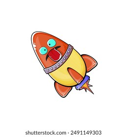 Rocket spaceship character. Cartoon space rocket isolated on transparent background. Funky spaceship and shuttle character with eyes and mouth. Vector retro space ship clip art, emoji, label and stick