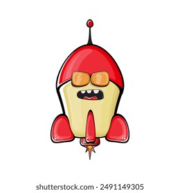 Carácter de nave espacial cohete. Cohete espacial de dibujos animados aislado sobre fondo transparente. Funky nave espacial y el carácter del transbordador con los ojos y la boca. Vector retro nave espacial arte de Clip, emoji, etiqueta y palo