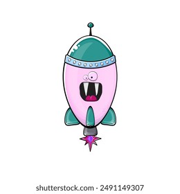 Rocket spaceship character. Cartoon space rocket isolated on transparent background. Funky spaceship and shuttle character with eyes and mouth. Vector retro space ship clip art, emoji, label and stick