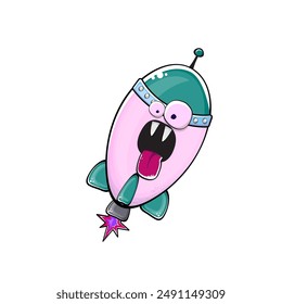Carácter de nave espacial cohete. Cohete espacial de dibujos animados aislado sobre fondo transparente. Funky nave espacial y el carácter del transbordador con los ojos y la boca. Vector retro nave espacial arte de Clip, emoji, etiqueta y palo