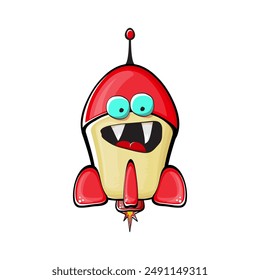 Rocket spaceship character. Cartoon space rocket isolated on transparent background. Funky spaceship and shuttle character with eyes and mouth. Vector retro space ship clip art, emoji, label and stick