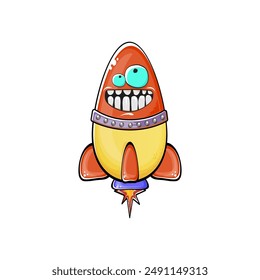 Rocket spaceship character. Cartoon space rocket isolated on transparent background. Funky spaceship and shuttle character with eyes and mouth. Vector retro space ship clip art, emoji, label and stick