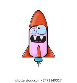 Carácter de nave espacial cohete. Cohete espacial de dibujos animados aislado sobre fondo transparente. Funky nave espacial y el carácter del transbordador con los ojos y la boca. Vector retro nave espacial arte de Clip, emoji, etiqueta y palo