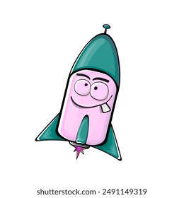 Rocket spaceship character. Cartoon space rocket isolated on transparent background. Funky spaceship and shuttle character with eyes and mouth. Vector retro space ship clip art, emoji, label and stick