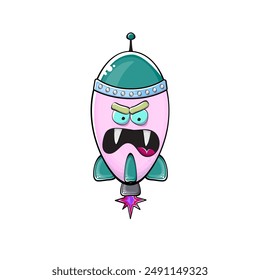 Rocket spaceship character. Cartoon space rocket isolated on transparent background. Funky spaceship and shuttle character with eyes and mouth. Vector retro space ship clip art, emoji, label and stick