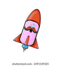 Rocket spaceship character. Cartoon space rocket isolated on transparent background. Funky spaceship and shuttle character with eyes and mouth. Vector retro space ship clip art, emoji, label and stick