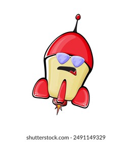 Rocket spaceship character. Cartoon space rocket isolated on transparent background. Funky spaceship and shuttle character with eyes and mouth. Vector retro space ship clip art, emoji, label and stick