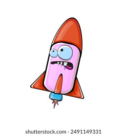 Raketen-Raumschiff-Charakter. Cartoon-Weltraumrakete isoliert auf transparentem Hintergrund. Funky Raumschiff und Shuttle Charakter mit Augen und Mund. Vektorgrafik Retro Raumschiff Clip Art, Emoji, Label und Stick