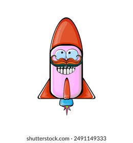 Rocket spaceship character. Cartoon space rocket isolated on transparent background. Funky spaceship and shuttle character with eyes and mouth. Vector retro space ship clip art, emoji, label and stick