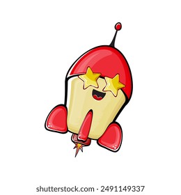 Rocket spaceship character. Cartoon space rocket isolated on transparent background. Funky spaceship and shuttle character with eyes and mouth. Vector retro space ship clip art, emoji, label and stick