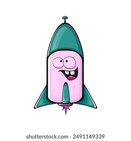 Carácter de nave espacial cohete. Cohete espacial de dibujos animados aislado sobre fondo transparente. Funky nave espacial y el carácter del transbordador con los ojos y la boca. Vector retro nave espacial arte de Clip, emoji, etiqueta y palo