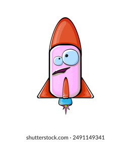 Carácter de nave espacial cohete. Cohete espacial de dibujos animados aislado sobre fondo transparente. Funky nave espacial y el carácter del transbordador con los ojos y la boca. Vector retro nave espacial arte de Clip, emoji, etiqueta y palo