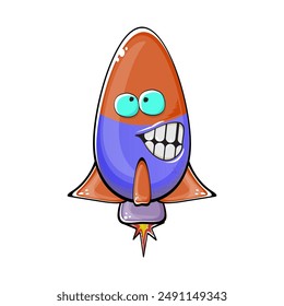 Rocket spaceship character. Cartoon space rocket isolated on transparent background. Funky spaceship and shuttle character with eyes and mouth. Vector retro space ship clip art, emoji, label and stick