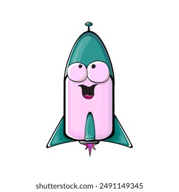 Rocket spaceship character. Cartoon space rocket isolated on transparent background. Funky spaceship and shuttle character with eyes and mouth. Vector retro space ship clip art, emoji, label and stick