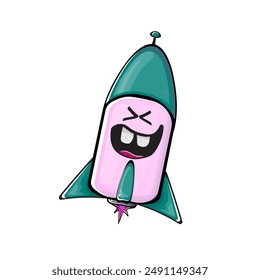 Rocket spaceship character. Cartoon space rocket isolated on transparent background. Funky spaceship and shuttle character with eyes and mouth. Vector retro space ship clip art, emoji, label and stick