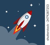 Rocket spaceship concept in flat style. space rocket launch, technology development innovation space rocket symbol, business launch perfect idea startup symbol space shuttle rocket planet icon.