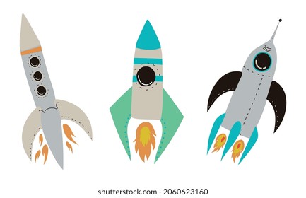 Rocket and Spaceship as Cosmos and Universe Exploration Vector Set