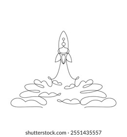 Rocket, spaceship drawn in continuous line in minimalism style, take off, start up, spacecraft flying up, one line, editable vector contour.