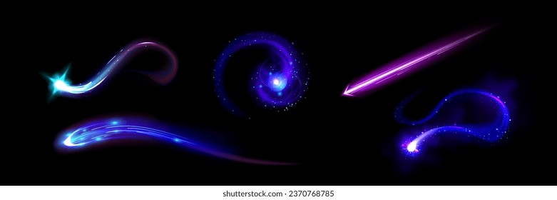 Vector de efecto de luz de traza del motor de cohete o nave espacial. 3d velocidad de lanzamiento del barco del avión de resplandor. Aviación de vfx game ui contrail para meteorito o juego de cometas. Steam de inicio de transbordador azul y violeta