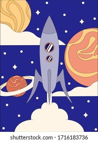 Rocket (spaceship) fly into the open space among the stars and planets. Flat vector line illustration, banner, postcard