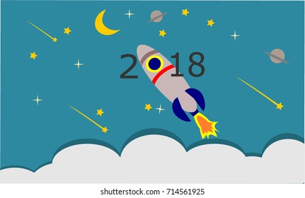 Rocket spaceship fly to the moon vector with word 2018