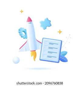 Rocket or spaceship flying among planets. Concept of startup project palnning, effective time management, productive work organization, task tracking. Modern vector illustration for poster, banner.