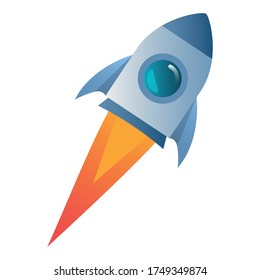 Rocket spaceship flying into space, isolated on white. Vector flat illustration