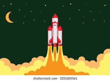 Rocket spaceship flying straight up to the space vector illustration. In the night sky go through the clouds.