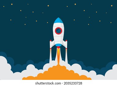 Rocket spaceship flying straight up to the space vector illustration. In the night sky go through the clouds.