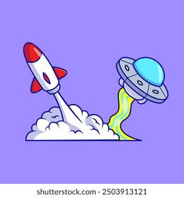 Rocket Spaceship Flying With Ufo Cartoon Vector Icon Illustration. Space Race Concept. Flat Cartoon Concept 