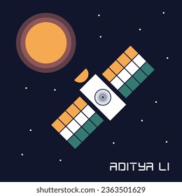 The rocket spaceship is heading towards Aditya. Satellite going towards the Sun. Indian space mission. Flat vector illustration.