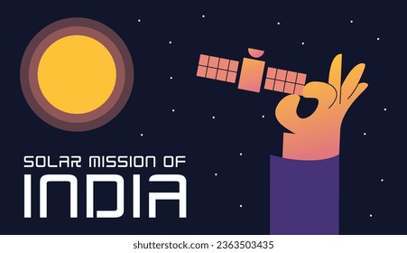 Rocket spaceship is heading towards Aditya. A hand holds a satellite against a background of stars in space. Satellite going towards the Sun. Indian space mission. Flat vector illustration.