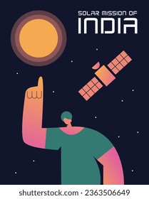 Rocket spaceship is heading towards Aditya. Indian guy points his finger at the Sun. Indian space mission. Flat vector illustration.