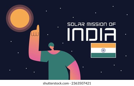 Rocket spaceship is heading towards Aditya. Indian guy points his finger at the Sun. Indian space mission. Flat vector illustration of banner with Indian Flag.