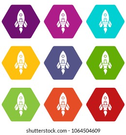 Rocket spaceship icons 9 set coloful isolated on white for web