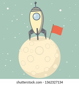 Rocket spaceship landed on moon. Success concept. vector illustration