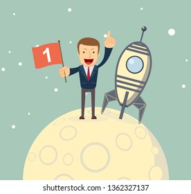 Rocket spaceship landed on moon. Success concept. vector illustration