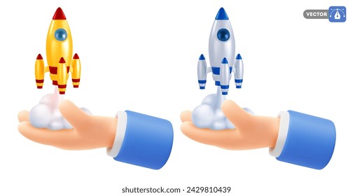 Rocket or spaceship launch from human hand. 3d realistic icon, isolated on white. Business concept of startup, great idea, innovation, high technology or new product. Vector illustration