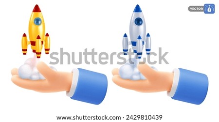 Rocket or spaceship launch from human hand. 3d realistic icon, isolated on white. Business concept of startup, great idea, innovation, high technology or new product. Vector illustration