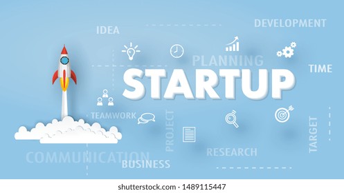 rocket or spaceship launch into the sky over the clouds and icon on blue background. Vector paper art in start up project or business concept.