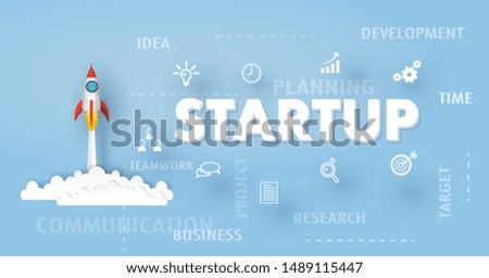 rocket or spaceship launch into the sky over the clouds and icon on blue background. Vector paper art in start up project or business concept.