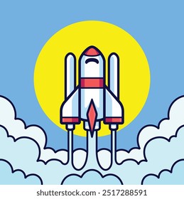 Lançamento da nave espacial Rocket Project start-up. Espaço. Soluções inteligentes. Lançamento de novo produto