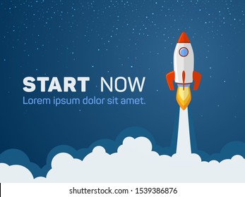 Rocket spaceship launch to stars into the blue sky space. Fire flame and smoke path. Start  now quote. Business start up concept. Red white rocket shuttle launch, spaceship flight vector illustration.