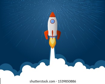 Rocket spaceship launch to stars into the blue sky space. Fire flame and smoke path. Business start up concept. Red white rocket shuttle launch, spaceship flight vector illustration. Rocket flying.